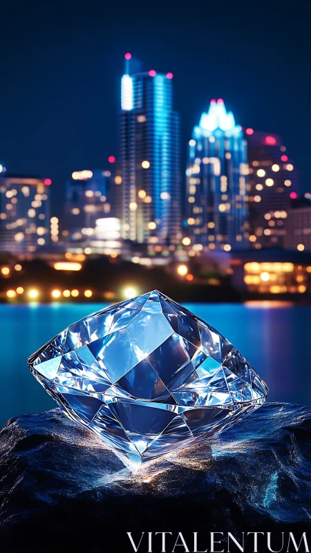 Glowing diamond rests by neon city skyline at night.