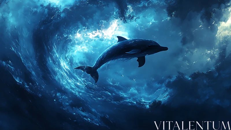 Solitary dolphin swimming inside swirling blue ocean vortex.