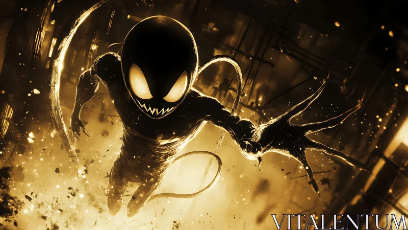 Midnight symbiote streaking through molten city lightstorm.