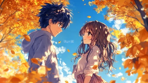 Autumn sky frames a shy anime couple in warm golden light