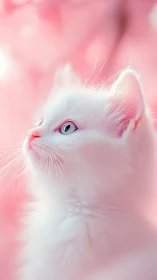 White Cat with Blue Eyes Against Pink Gradient.