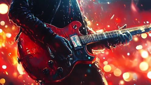 Electric guitarist in close-up view amid red stage lights.