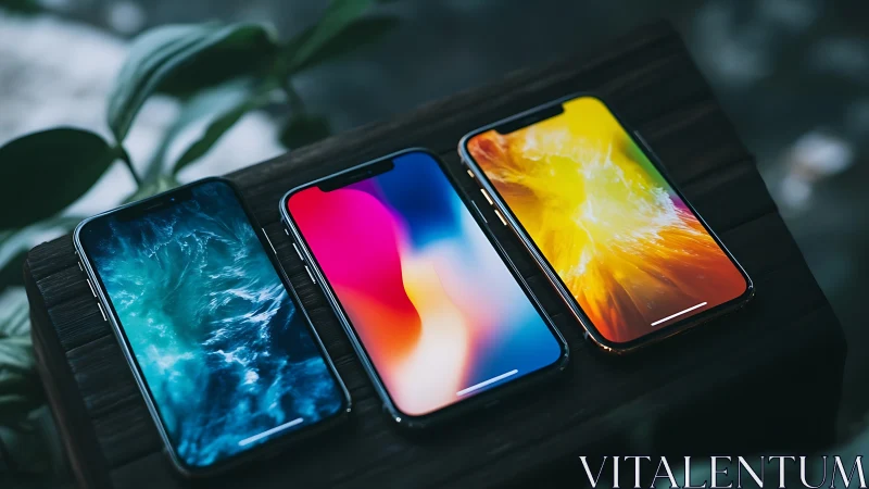 Trio of glowing smartphones casting bold colorstorms on wood.