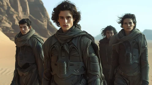 Desert-clad explorers advance through windswept alien dunes.