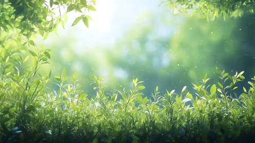 Lush Green Foliage in Soft Sunlight, Peaceful Nature Scene.