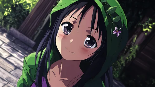 Smiling anime girl in green hood with flower outdoors.