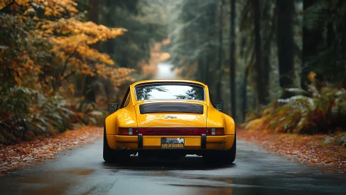 Yellow classic sports car on wet autumn forest road.