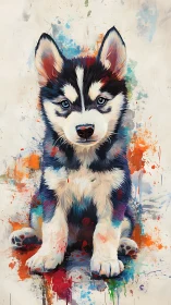 Playful husky puppy amid vibrant splatter strokes.