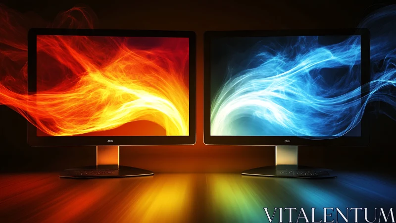 Dual monitor energy streams in balanced color contrast design.