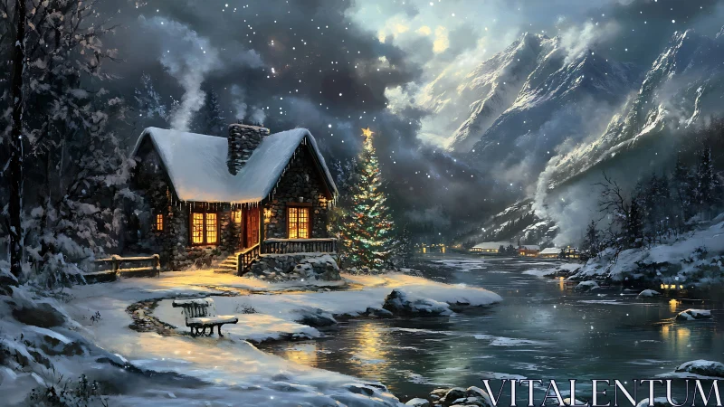 Snow-laden alpine cabin with illuminated tree by frozen river.
