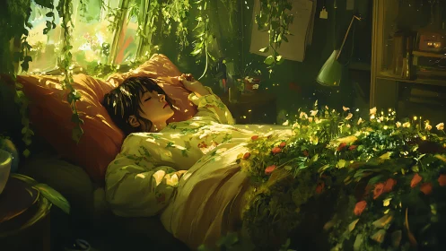 Dreamy garden bedroom where quiet morning light lingers.