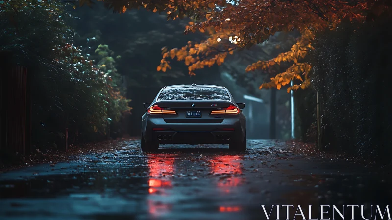 Rear BMW sports sedan under wet autumn foliage with reflective road