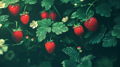 Ripening strawberries among wet foliage at close range.