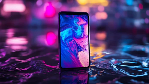 Neon night smartphone glowing over colorful city puddles.