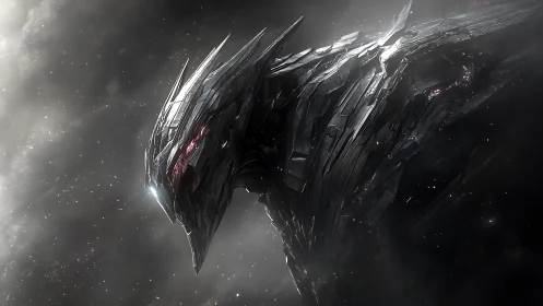 Midnight mech dragon glides through a quiet cosmic storm