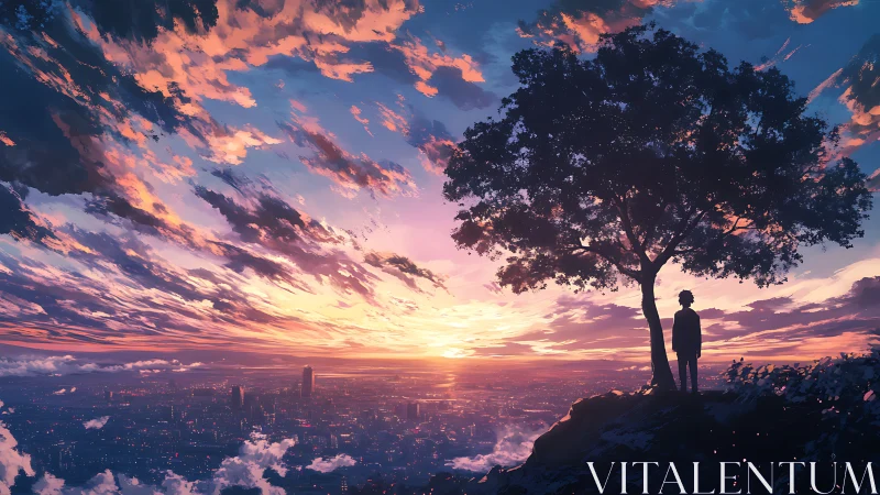 Sunset stratocumulus over luminous megacity observation point.