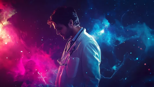 Cosmic doctor stands between neon nebula clouds. Period.