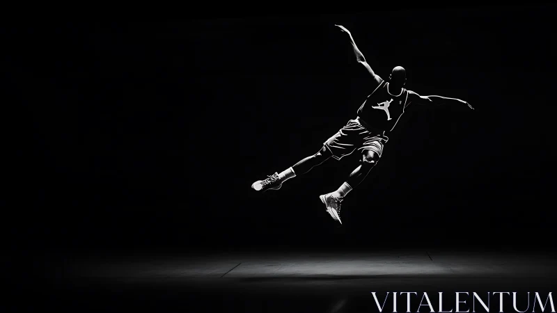 Silhouette basketball jump frozen in stark studio light.