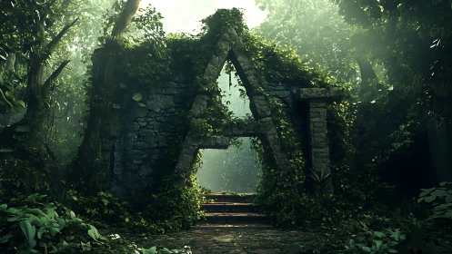 Ancient stone AI gateway stands in lush overgrown jungle.