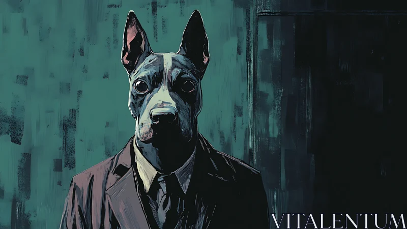 Anthropomorphic canine executive in teal noir portrait study.