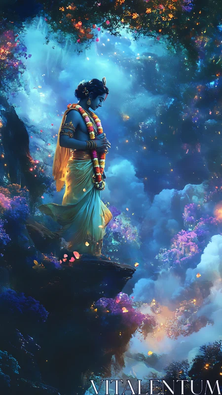 Divine blue figure in floral garlands amid celestial nebulae.