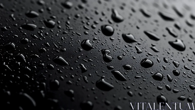 Water droplets rest on a dark reflective surface in close view