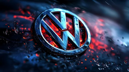 Gleaming chrome car emblem glowing in vivid blue and red.