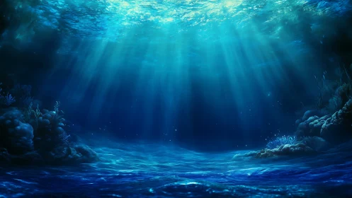 Sunlit ocean depth with glowing blue water and reef formations.