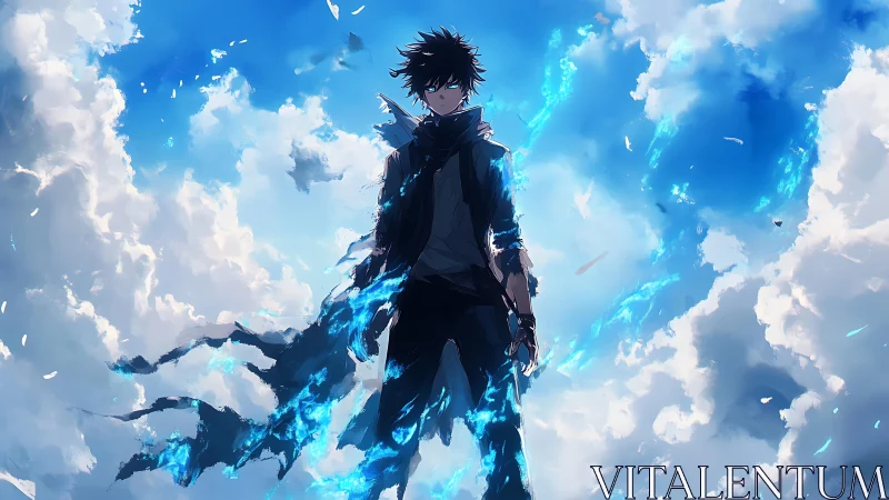 Male figure with blue energy effects in cloudy sky scene.