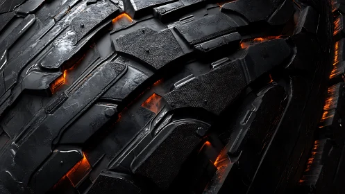 Molten-lit tire tread forms a rugged, futuristic surface.