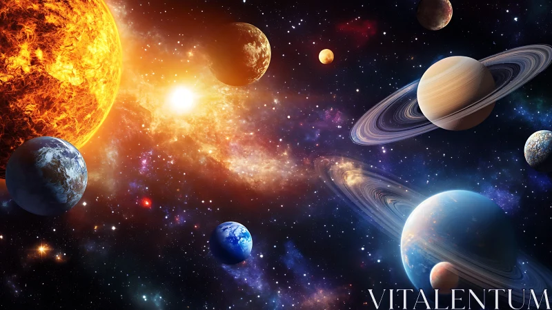 Dazzling planets drift around a blazing sun in deep space