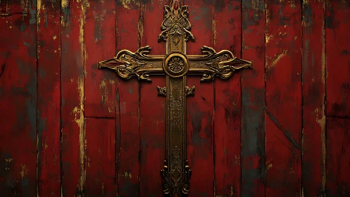 Ornate golden cross on distressed red wooden boards.