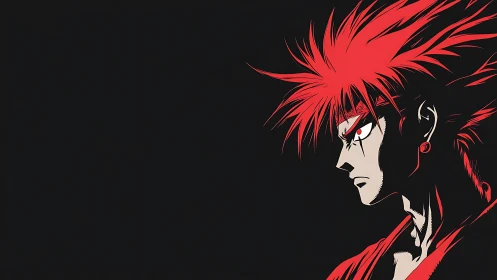 Red-haired anime warrior profile on black minimal backdrop.