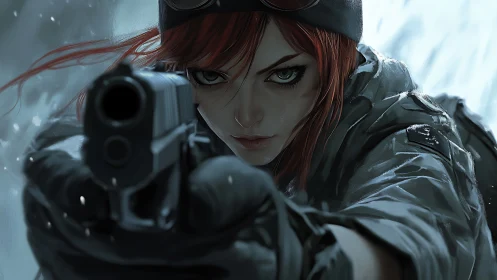 Red haired female soldier aiming handgun in snow.