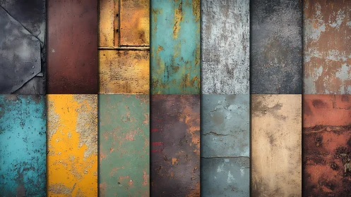 Corroded metal panel grid showcases chromatic patina study