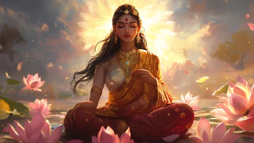 Lotus crowned mystic goddess bathing in sunrise silence.