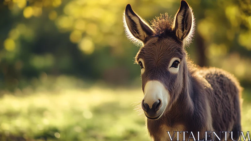 Backlit juvenile donkey in shallow-depth pasture portrait.