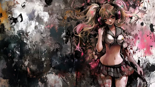 Anime schoolgirl with headphones in chaotic paint splashes.
