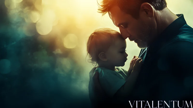 Adult and child in profile with backlit atmospheric lighting