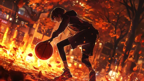 Autumn streetball silhouette amid incandescent leaf turbulence.