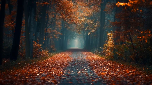 Autumn Forest Path Vanishing Into Mist.