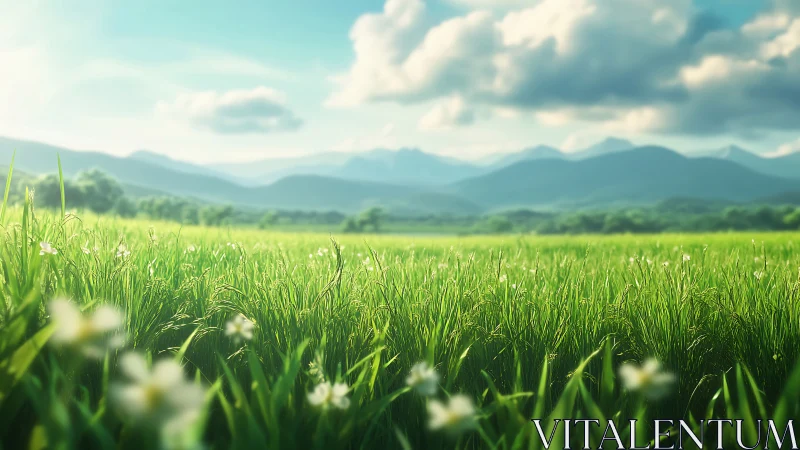 Sunlit meadow panorama under softly drifting clouds.