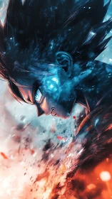 Side profile anime warrior framed by blue and orange energy