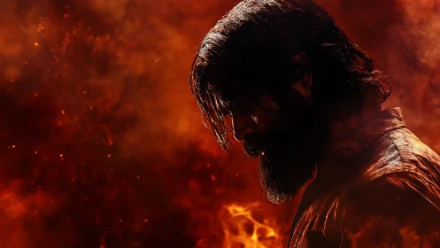 Bearded man in profile against intense fiery background.