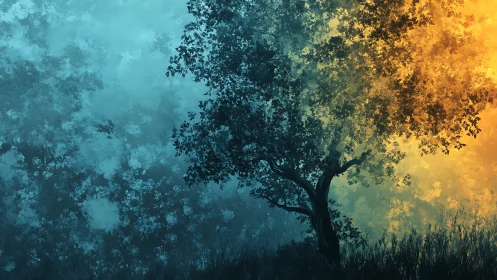 One graceful tree gently bridges cool night and warm dawn