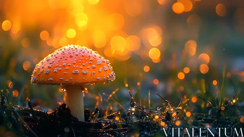 Fly agaric mushroom glows under golden sunset bokeh light.