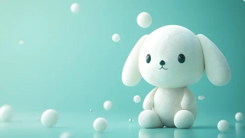 White plush dog figure on teal background with spheres.