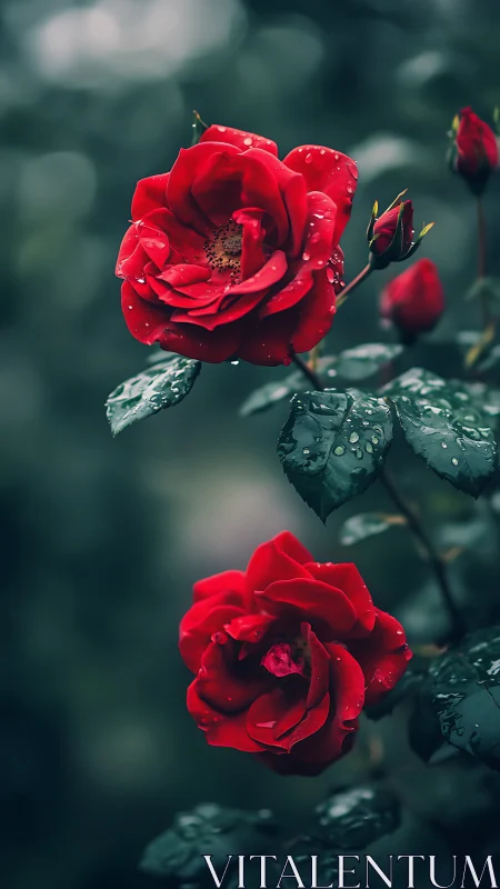 Red roses with dew droplets on green foliage background
