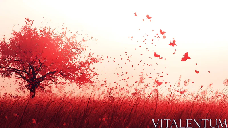 Red tree and butterflies form a continuous field composition