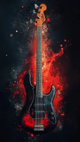 Electric bass guitar emerges from fiery cosmic nebula.